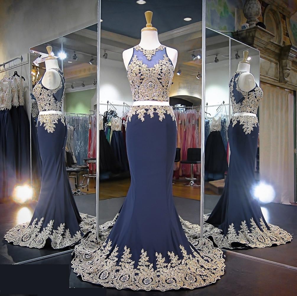 Amazon.com: Women's Gold Lace 2 Pieces Mermaid Prom Gown